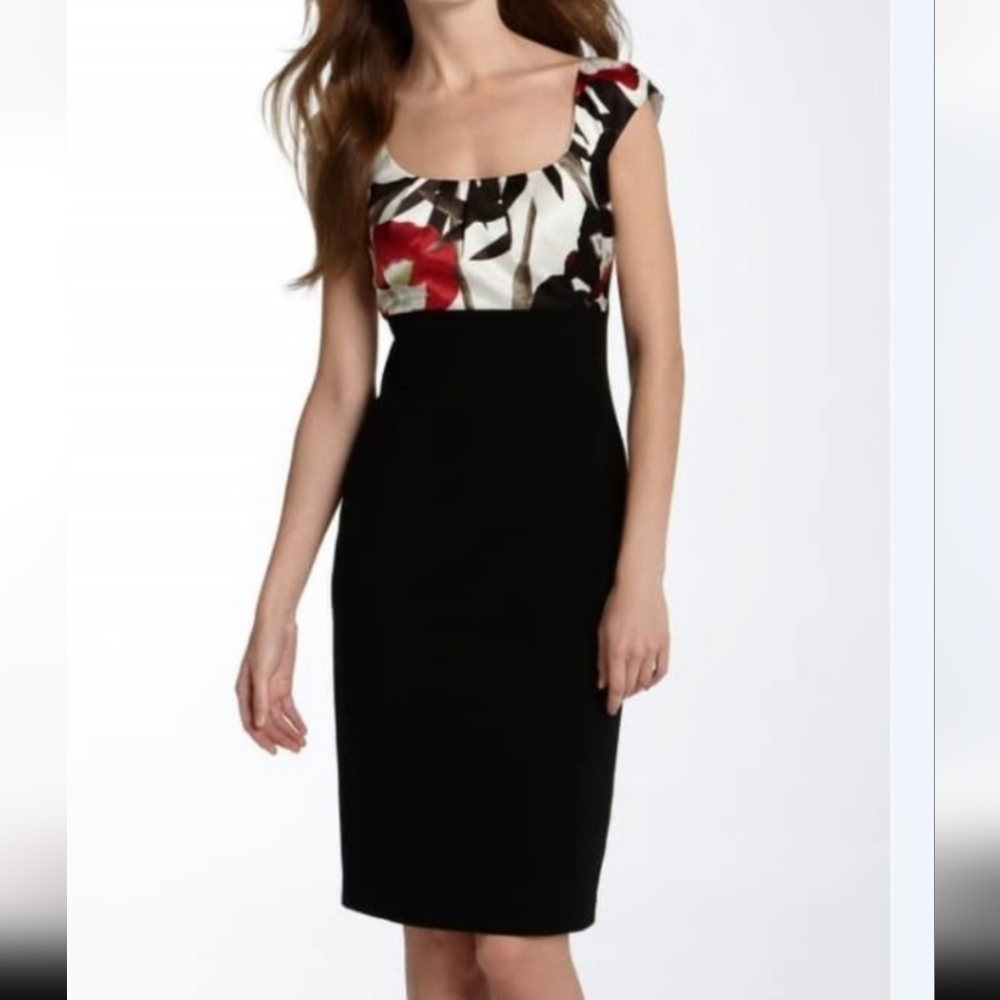 Elie Tahari floral black knee-length sleeveless Cocktail Dress Silk Viscose NWOT